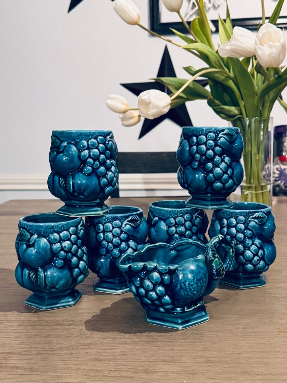 Teal Blue Ceramic Grape Pattern Creamer and Sugar Set